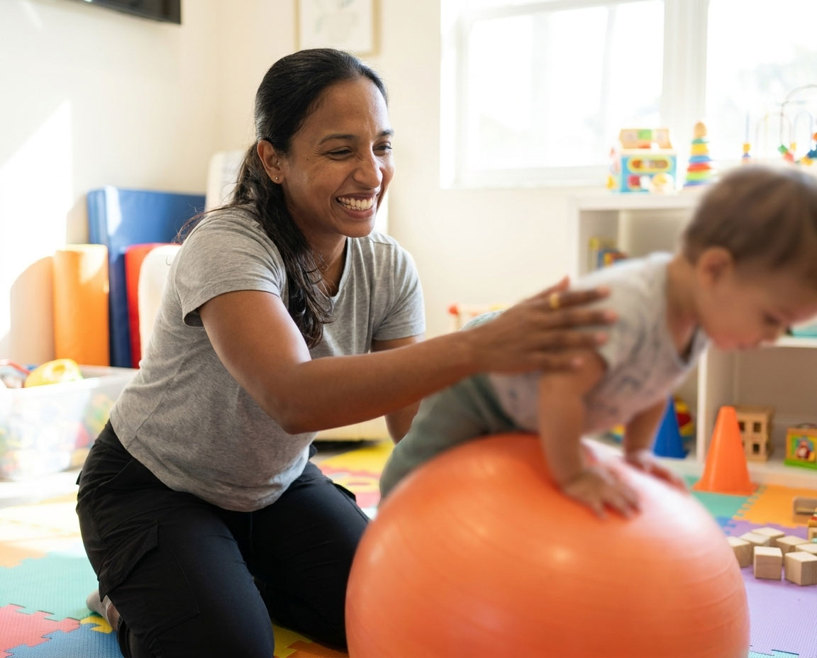 Recreational therapist supporting a toddler balancing on a therapy ball