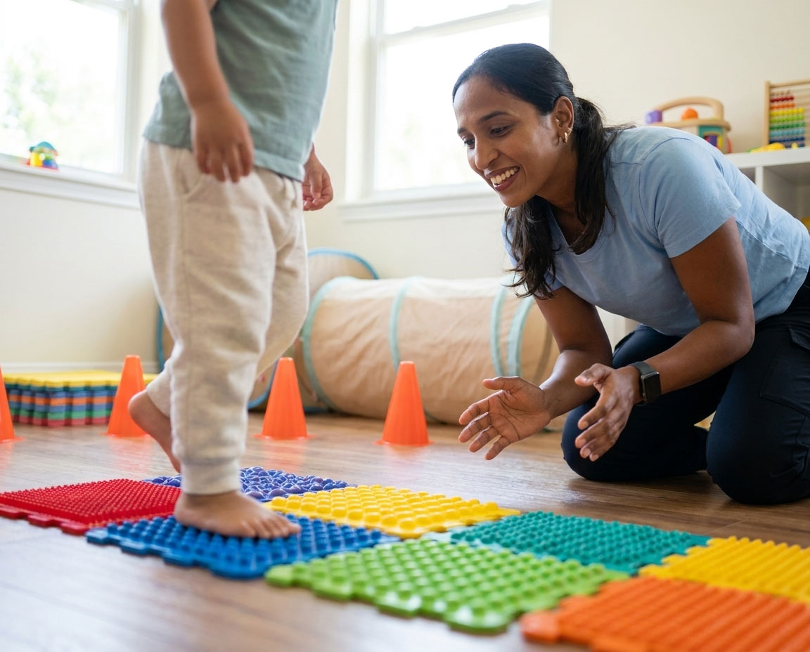 Child stepping across a textured sensory path