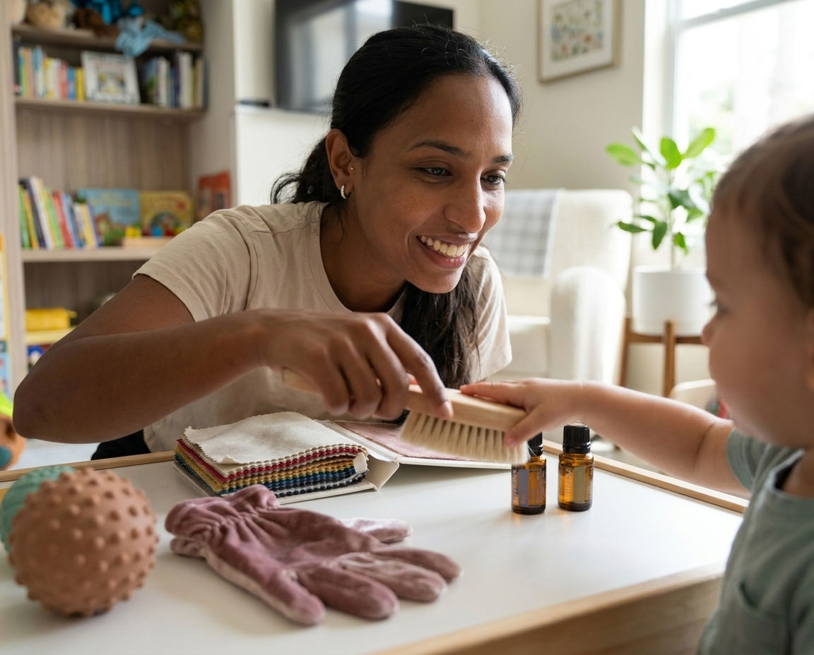 Therapist exploring tactile sensory tools with a child