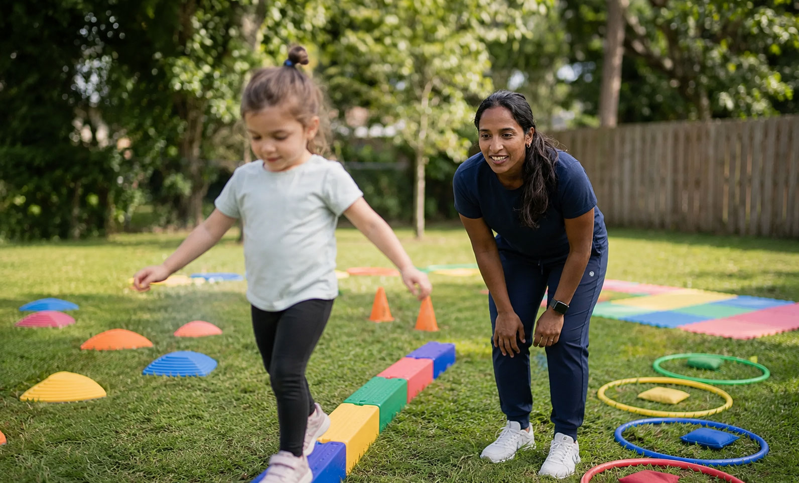 Therapist guiding a child through an outdoor obstacle course