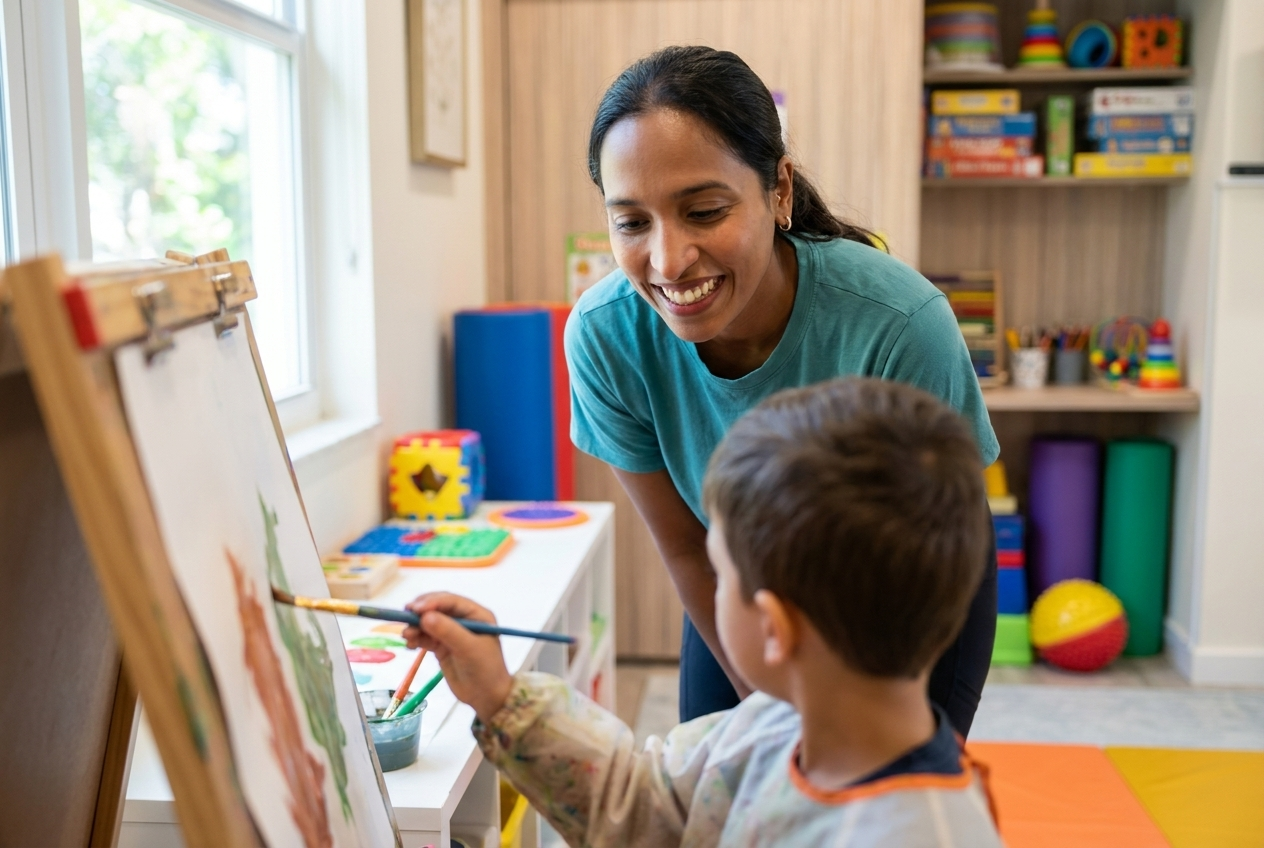A child enjoying structured play in a warm home setting